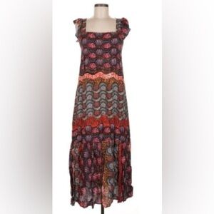 Corey Lynn Calter Vibrant Maxi Dress with Red and Orange Accents XSP Cap Sleeves